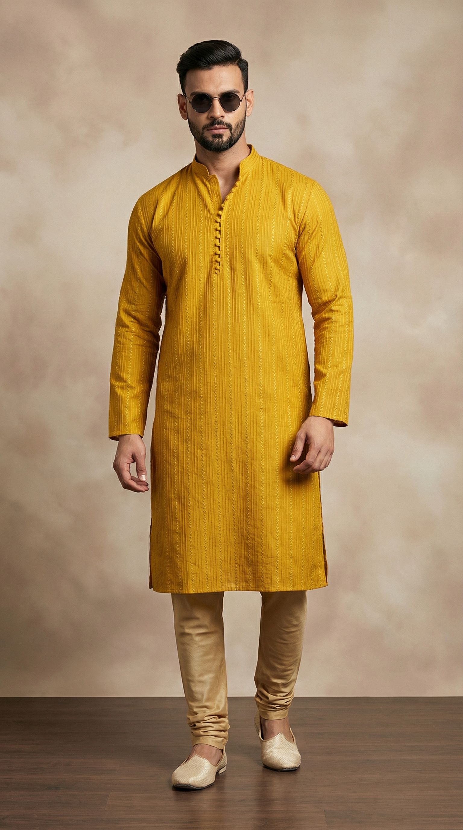 Men's Mustard Yellow Sequin Embroidered Pyjama Set