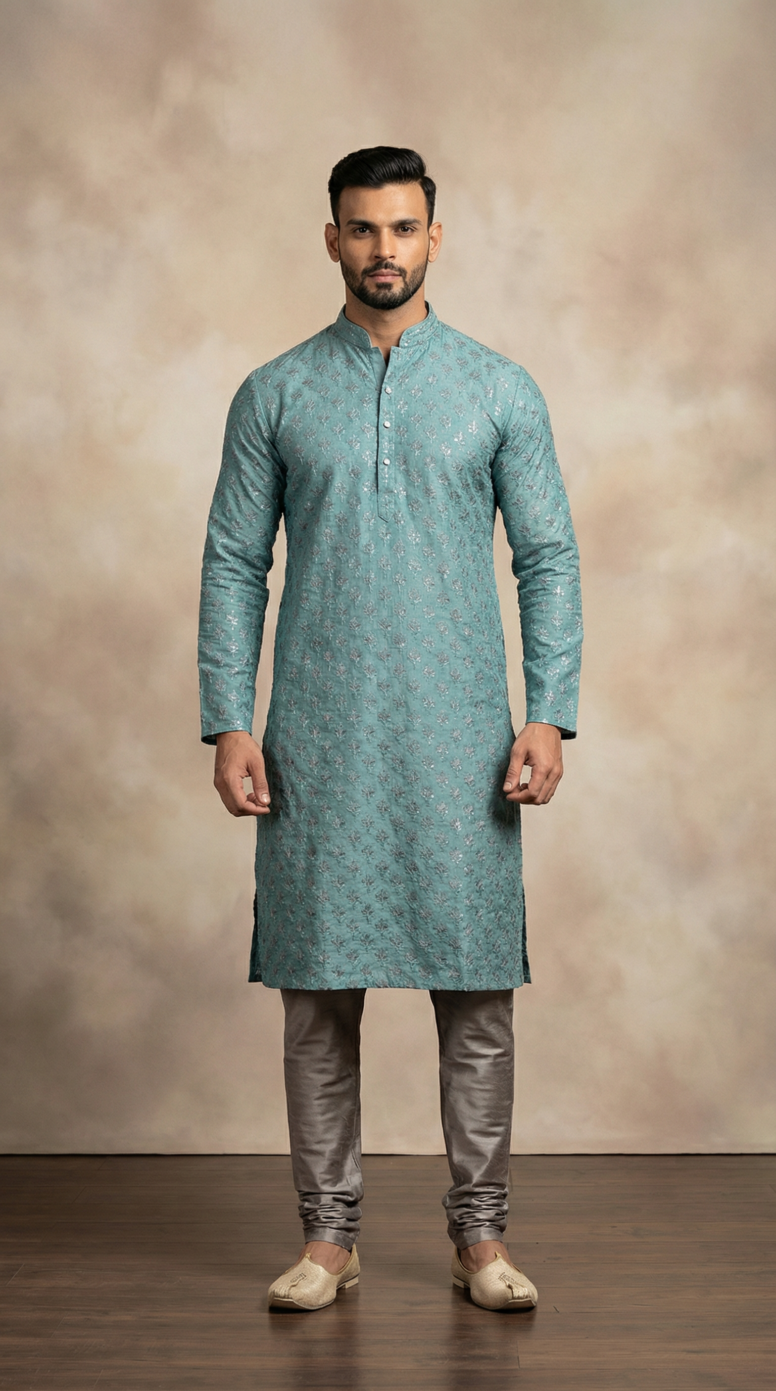 Men’s teal jacquard kurta pyjama featuring premium textured fabric kurta with mandarin collar, subtle woven pattern, and matching pyjama. Traditional men’s ethnic wear for weddings, festive occasions, Eid, and cultural celebrations.