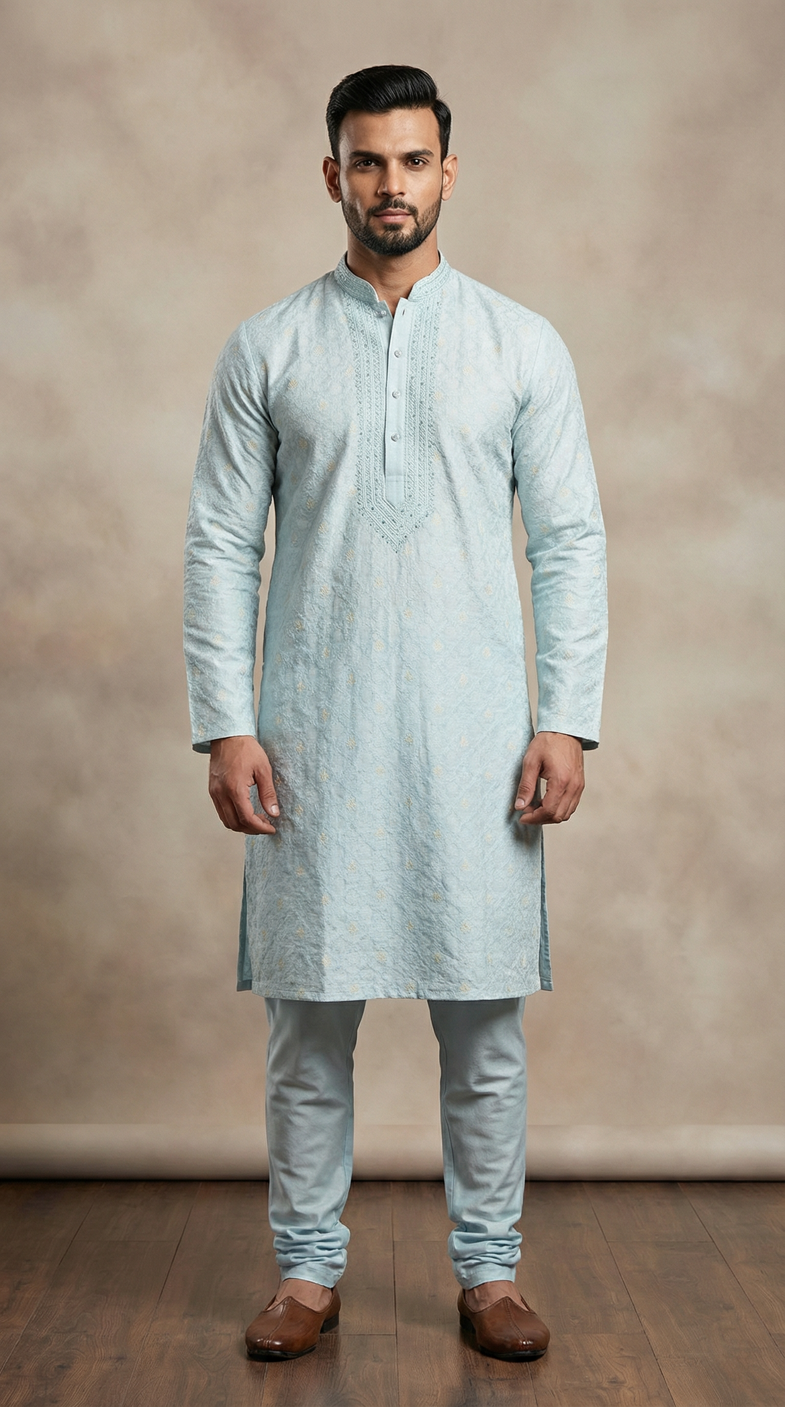 Men’s light blue jacquard embroidered kurta pyjama featuring premium fabric kurta with subtle woven pattern, embroidered neckline, and matching pyjama. Traditional men’s ethnic wear for weddings, Eid, festive occasions, and cultural celebrations.