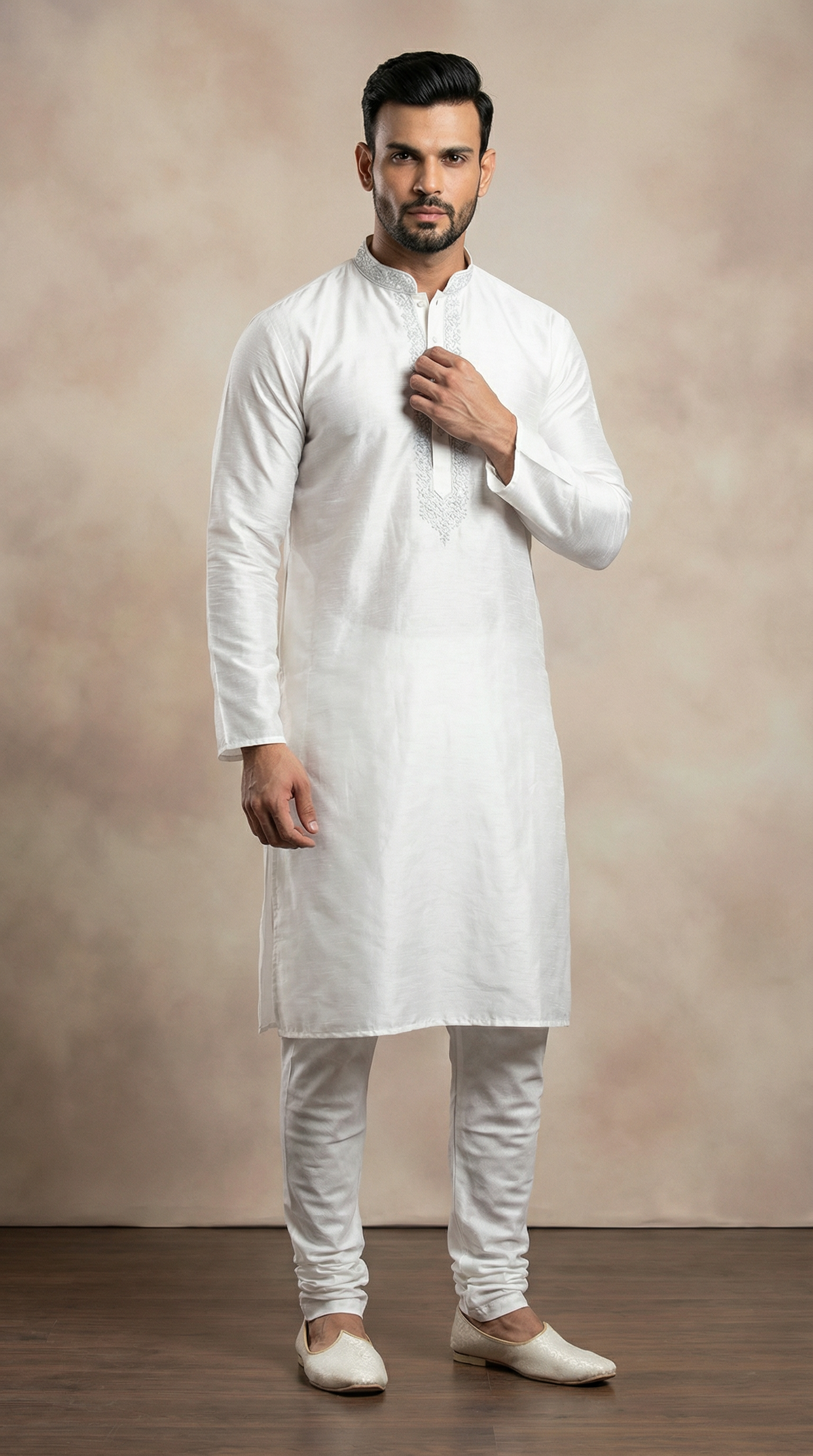 Men’s cream jacquard embroidered kurta pyjama featuring premium fabric kurta with embroidered neckline and matching pyjama, traditional ethnic wear for weddings, Eid, festive and formal occasions.