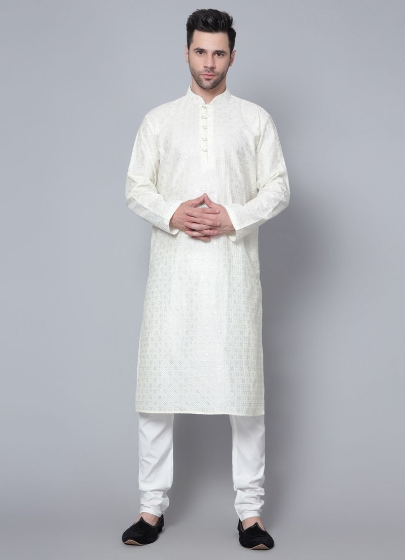 Buy Men's Cream Chikankari Kurta Pajama Set