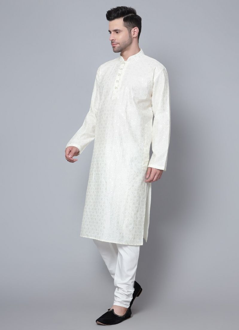 Buy Men's Cream Chikankari Kurta Pajama Set