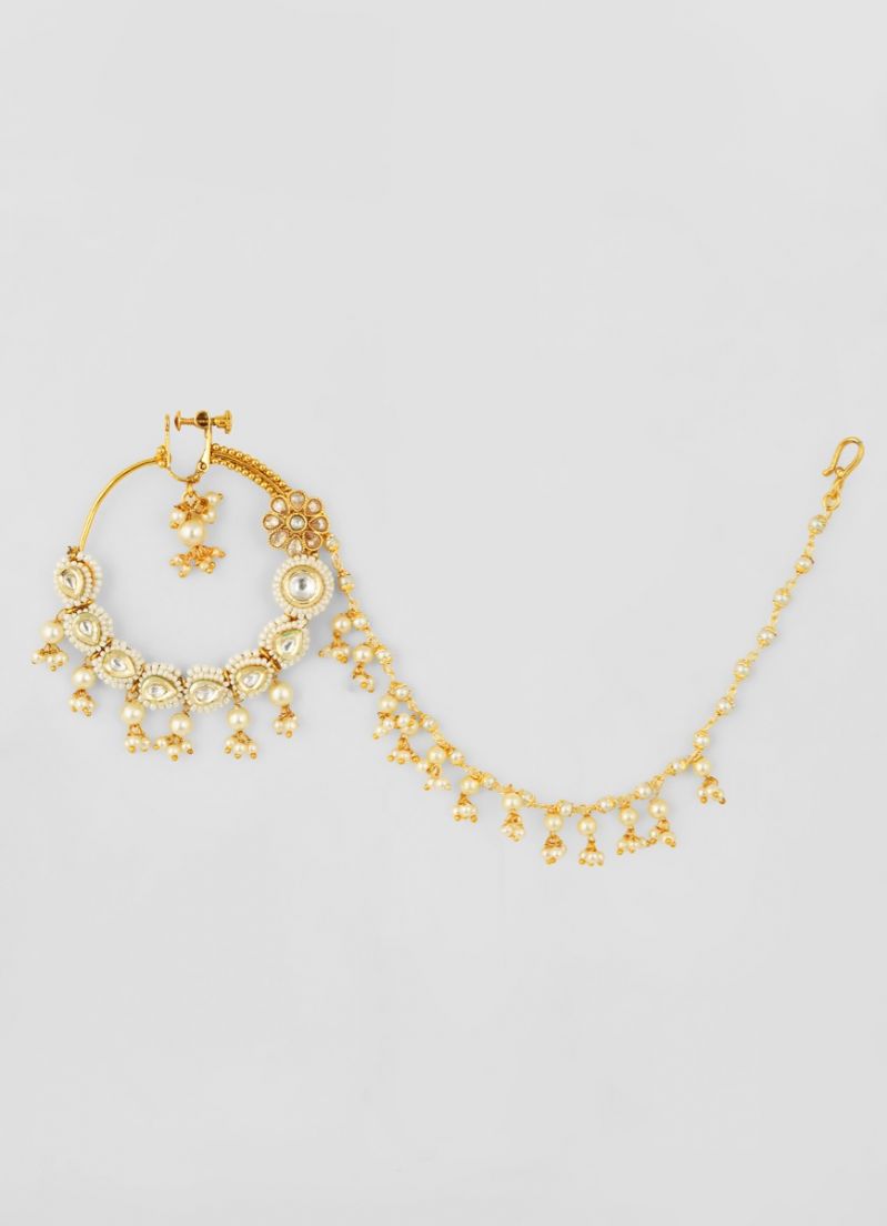 Nickle Free Large Ring Nath With Kundan Pearl Gold Nose Ring