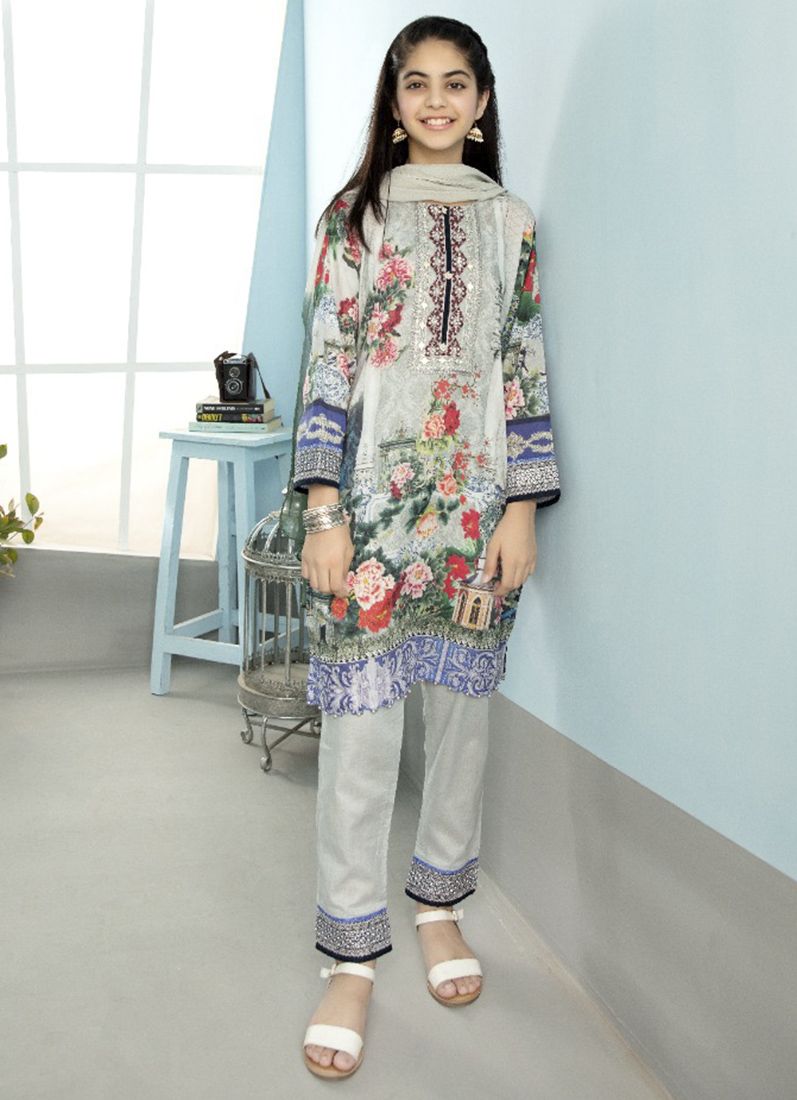 Buy Kids Grey Emroidered Lawn Suit Set
