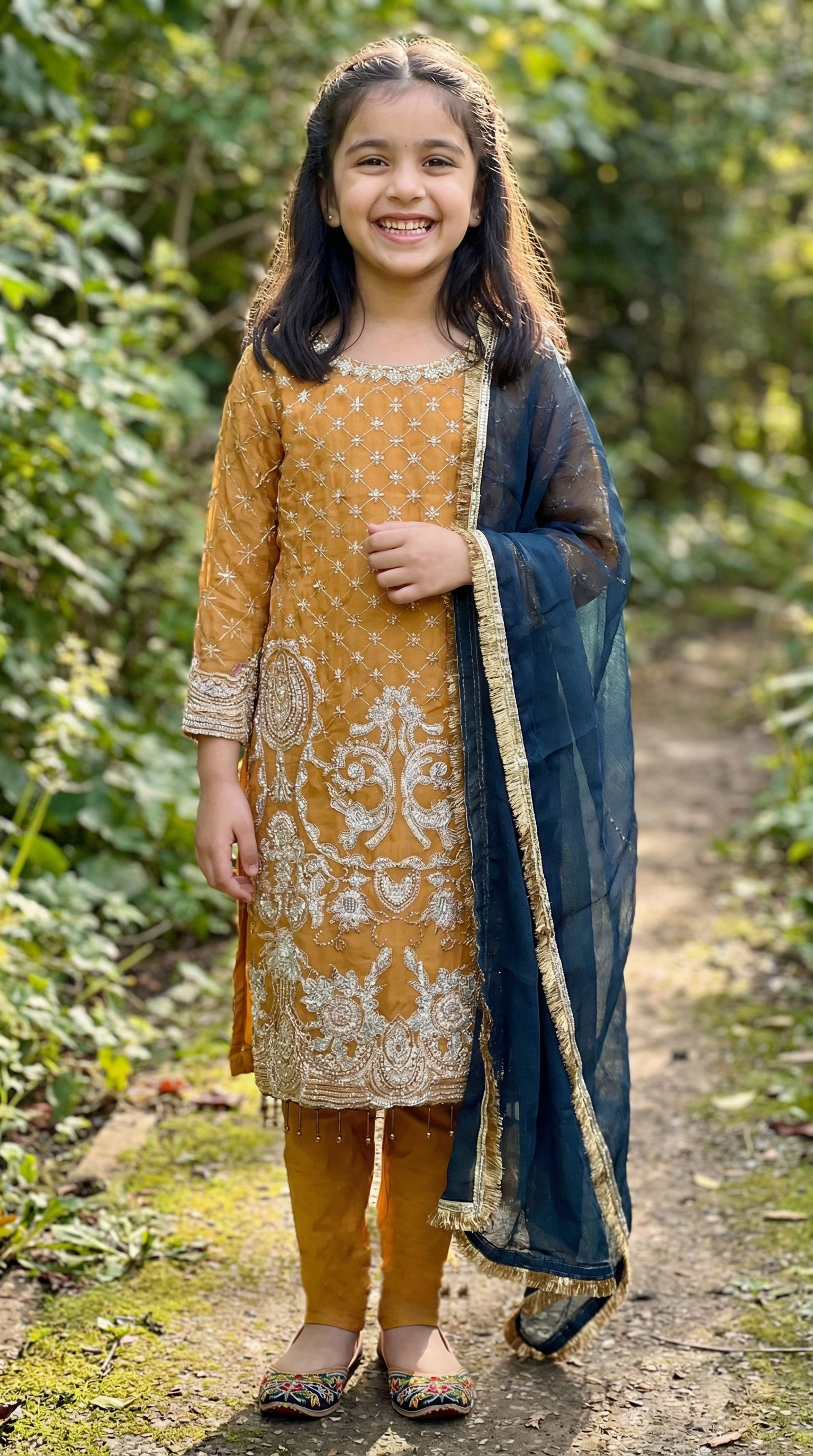 Girls Mustard Embroidered Straight Cut Suit Set