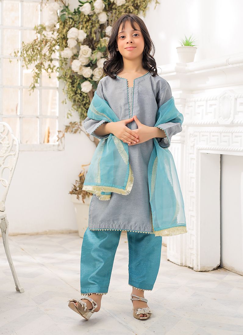 Buy Kid's Grey-Blue Raw Silk Suit Set