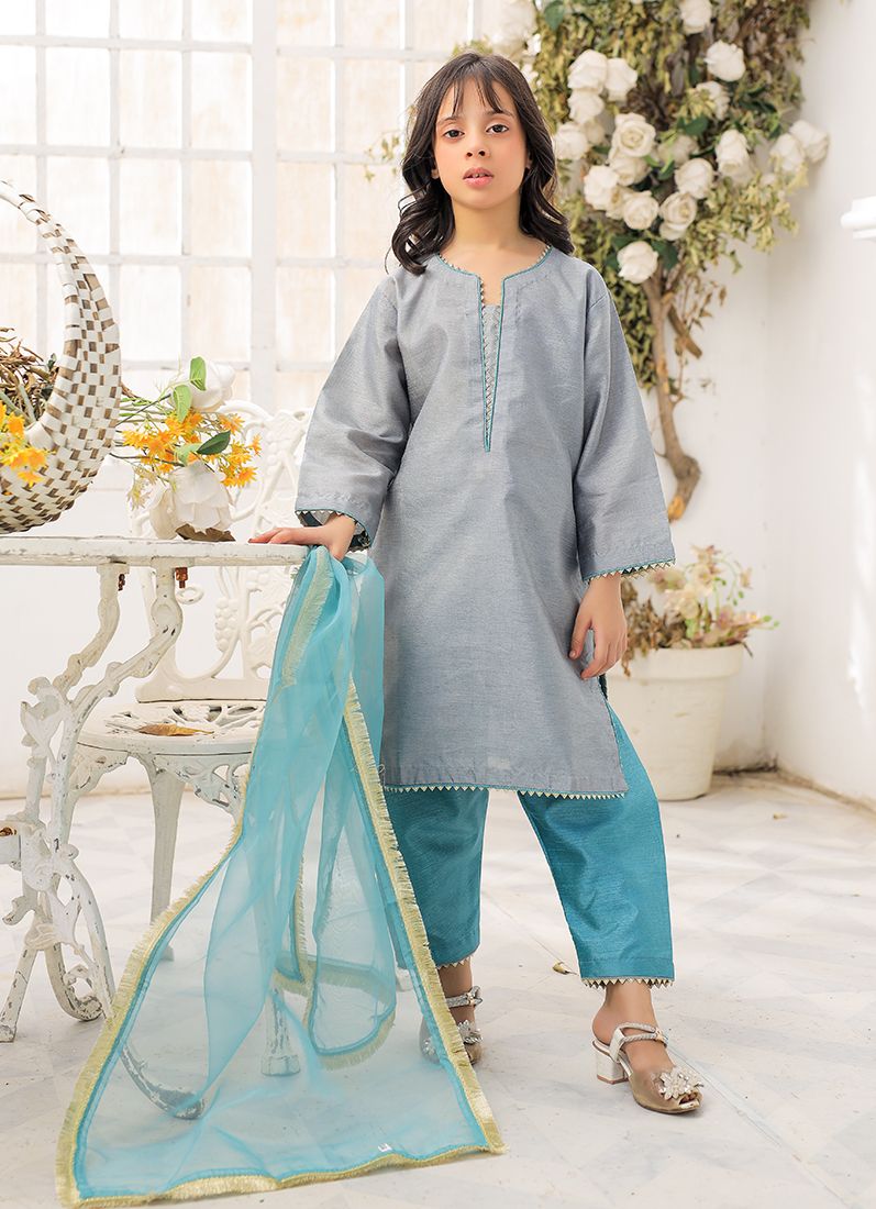 Buy Kid's Grey-Blue Raw Silk Suit Set