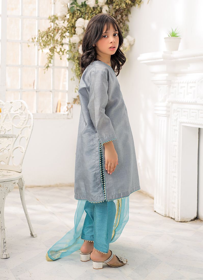 Buy Kid's Grey-Blue Raw Silk Suit Set