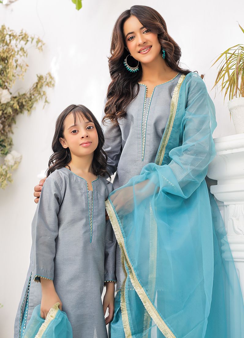 Buy Kid's Grey-Blue Raw Silk Suit Set