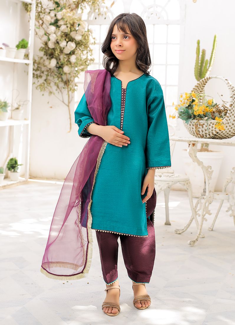 Buy Kid's Blue-Purple Raw Silk Suit Set