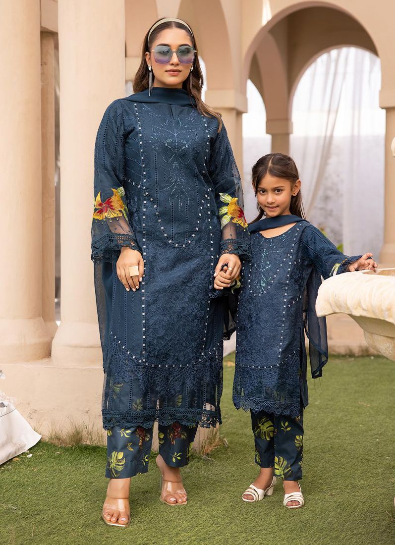 Buy Kid's Midnight Blue Lawn Chikankari Trouser Suit Set