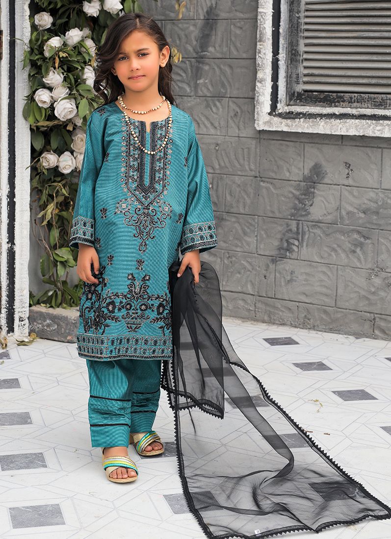 Buy Teal Blue All Over Embroidered Suit Set