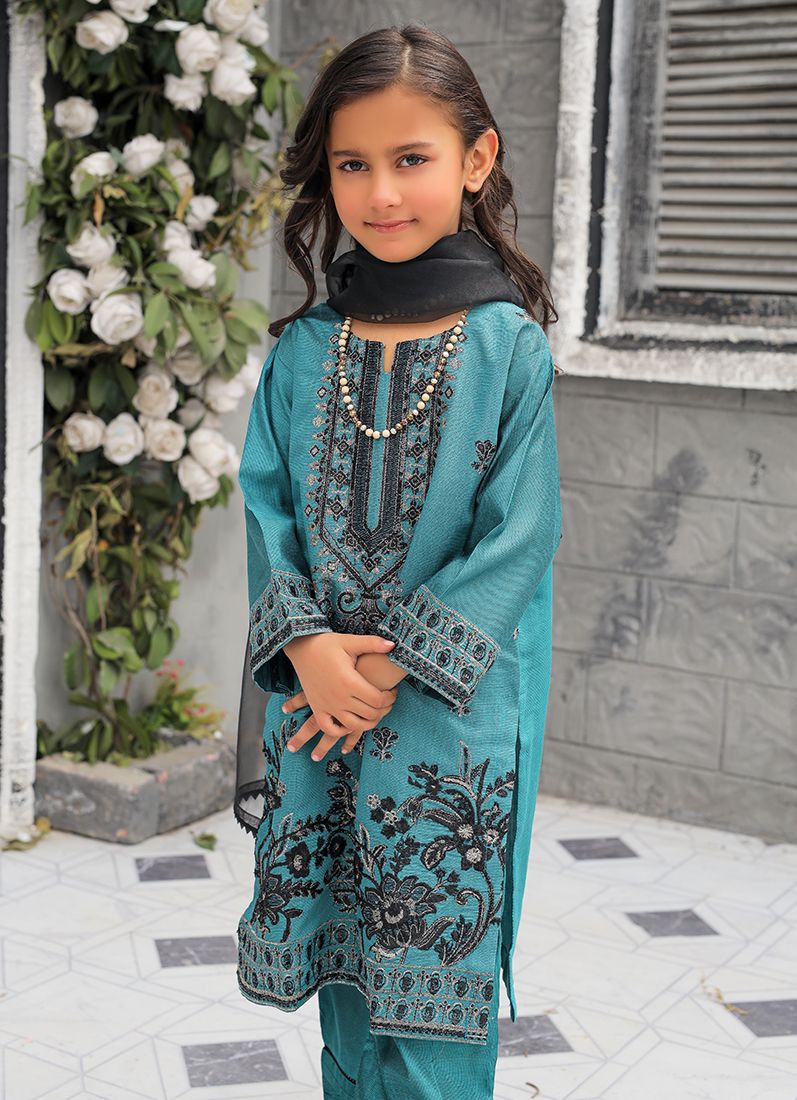 Buy Teal Blue All Over Embroidered Suit Set
