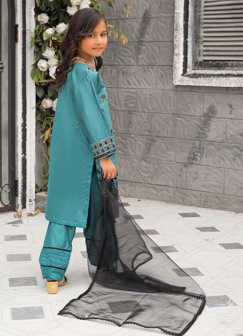 Buy Teal Blue All Over Embroidered Suit Set