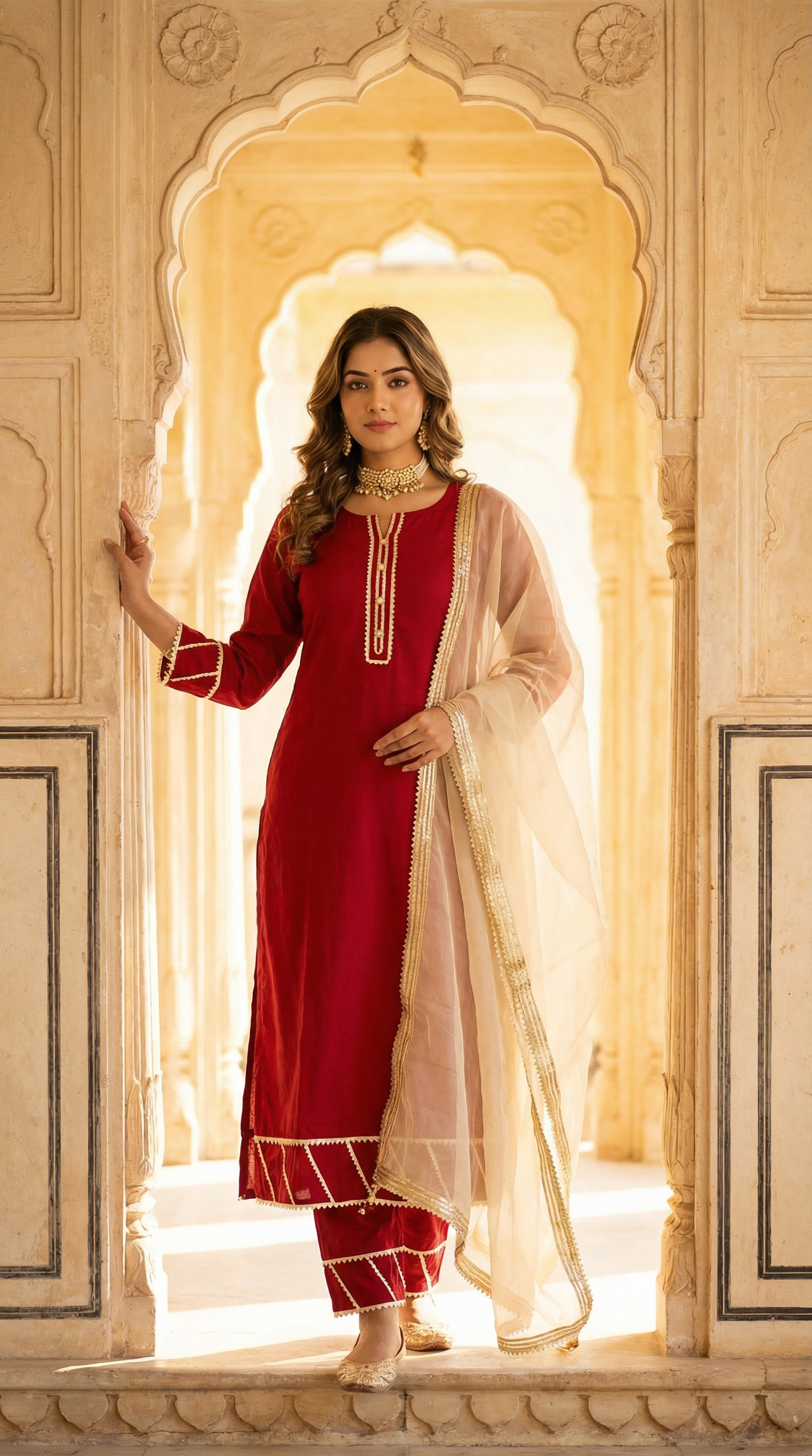 Maroon A-Line Kameez with Gota Detailing