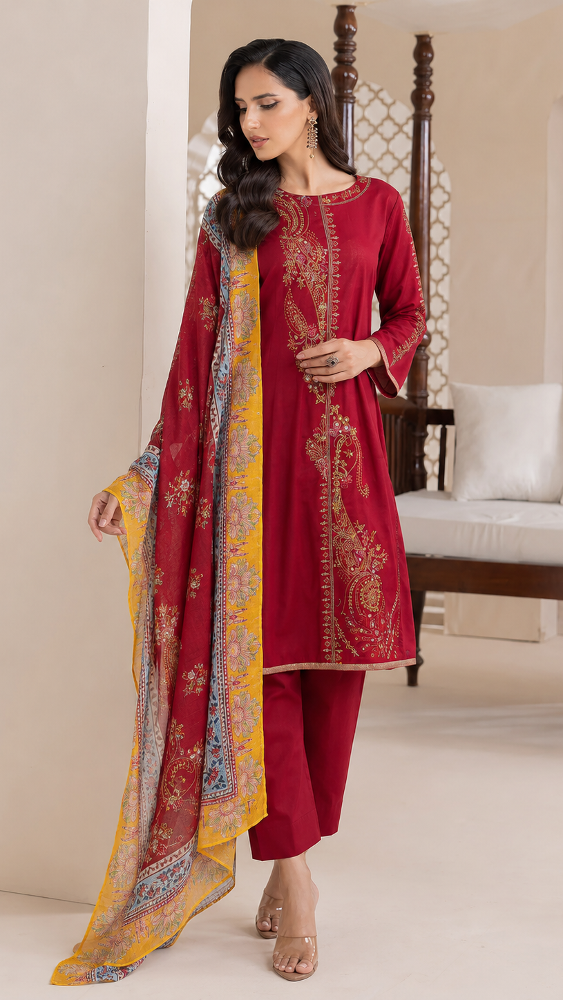 Deep red women’s embroidered salwar kameez suit with matching trousers and yellow multicolour printed dupatta, elegant Asian ethnic wear by Diya Online