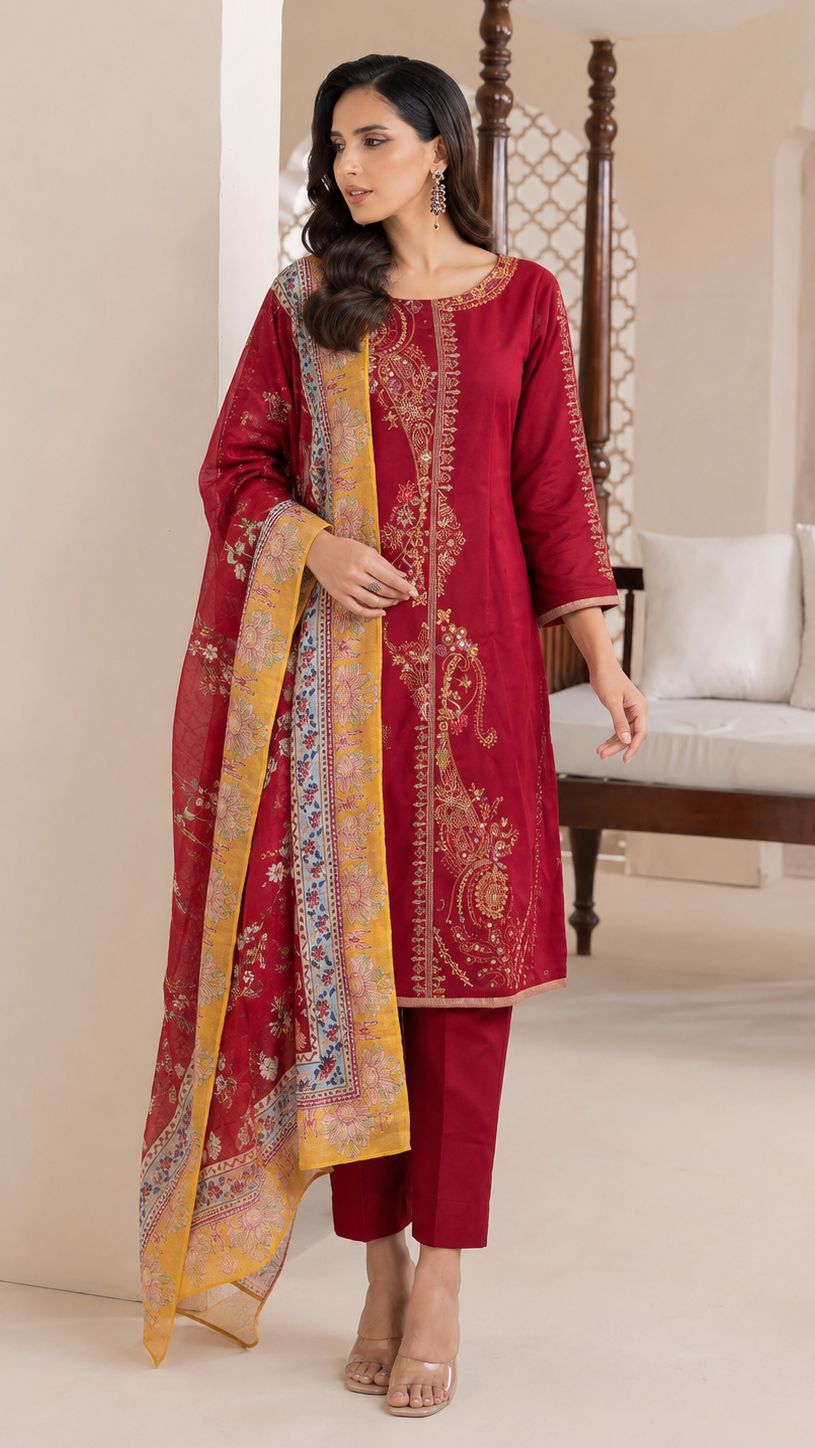 Deep red women’s embroidered salwar kameez suit with matching trousers and yellow multicolour printed dupatta, elegant Asian ethnic wear by Diya Online