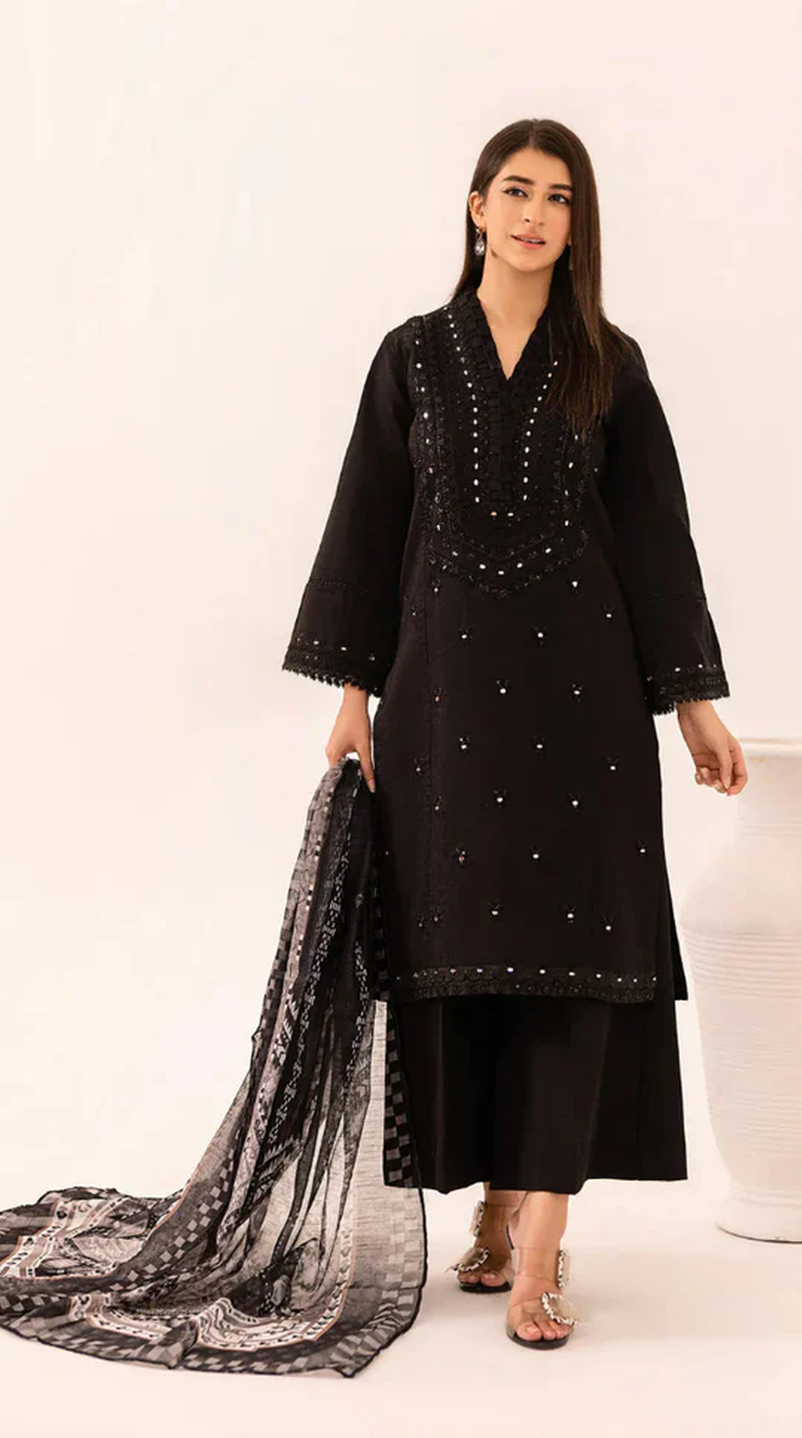 Black Khadi Net Mirrior-Work Suit Set