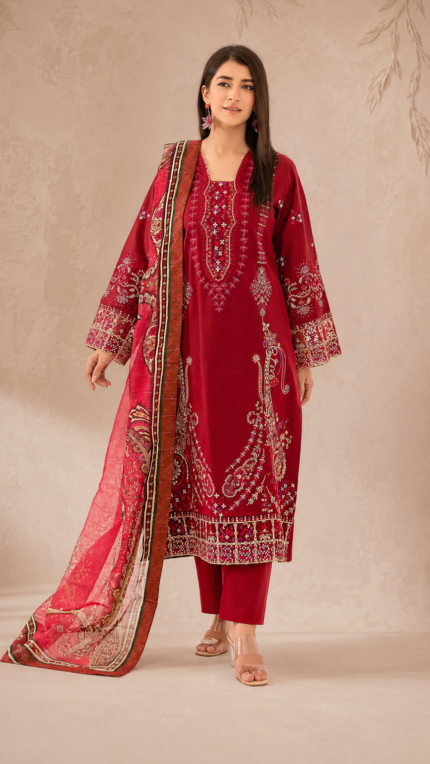 Deep red women’s embroidered salwar kameez suit with matching trousers and printed dupatta, festive Asian ethnic wear by Diya Online