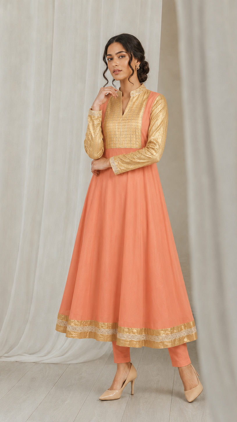 Peach women’s Anarkali kurta dress with gold yoke, metallic long sleeves and border hem, elegant Asian ethnic wear by Diya Online