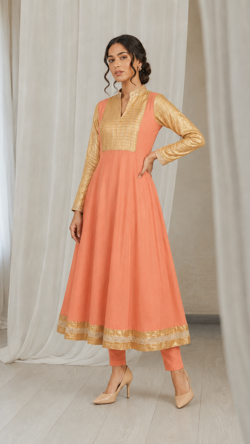 Peach women’s Anarkali kurta dress with gold yoke, metallic long sleeves and border hem, elegant Asian ethnic wear by Diya Online