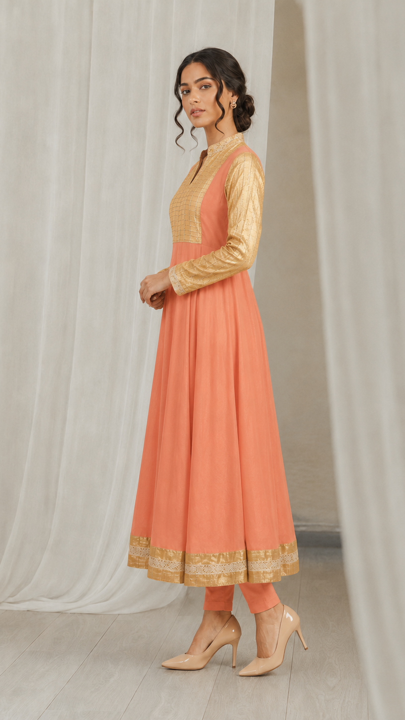 Peach women’s Anarkali kurta dress with gold yoke, metallic long sleeves and border hem, elegant Asian ethnic wear by Diya Online