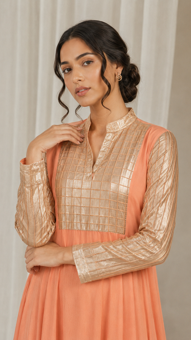 Peach women’s Anarkali kurta dress with gold striped yoke, long sleeves and metallic border hem, elegant Asian ethnic wear by Diya Online