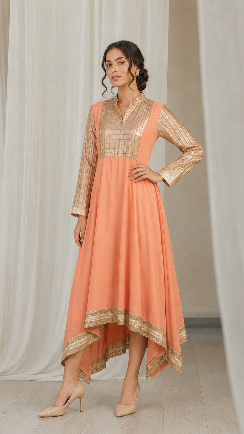 Peach women’s Anarkali kurta dress with gold striped yoke, long sleeves and metallic border hem, elegant Asian ethnic wear by Diya Online