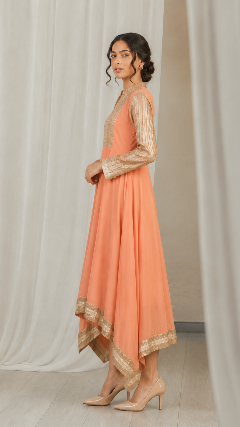 Peach women’s Anarkali kurta dress with gold striped yoke, long sleeves and metallic border hem, elegant Asian ethnic wear by Diya Online