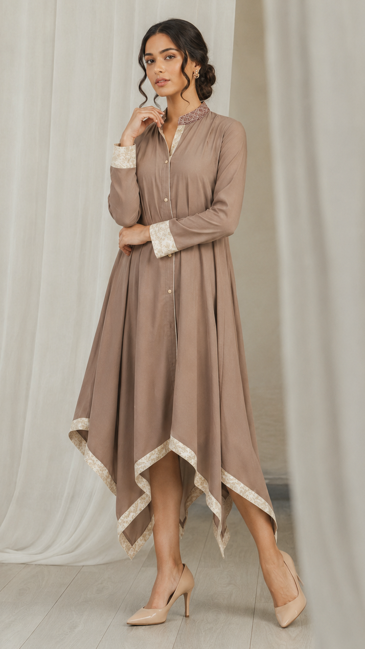 Taupe beige women’s asymmetrical kurta dress with mandarin collar, gold buttons and contrast cream border, modest Asian ethnic wear by Diya Online