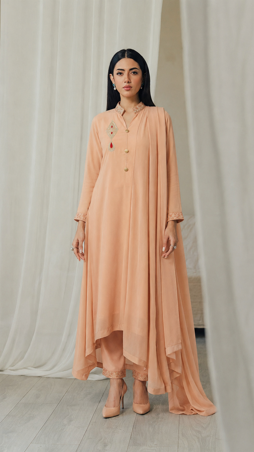 Peach women’s embroidered Anarkali salwar kameez suit with matching trousers and flowing chiffon dupatta, elegant Asian ethnic wear by Diya Online