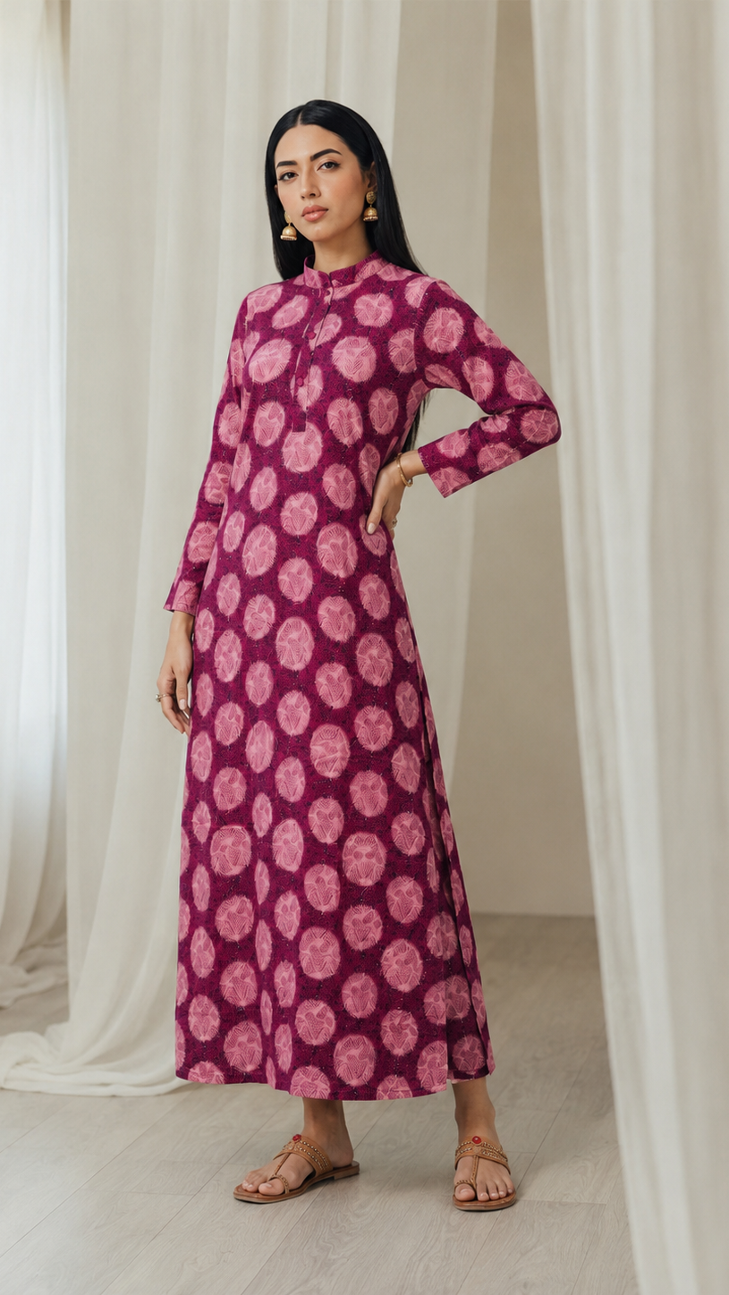 Magenta pink women’s printed kurta dress with circular tie dye pattern, mandarin collar and long sleeves, modest Asian ethnic wear by Diya Online