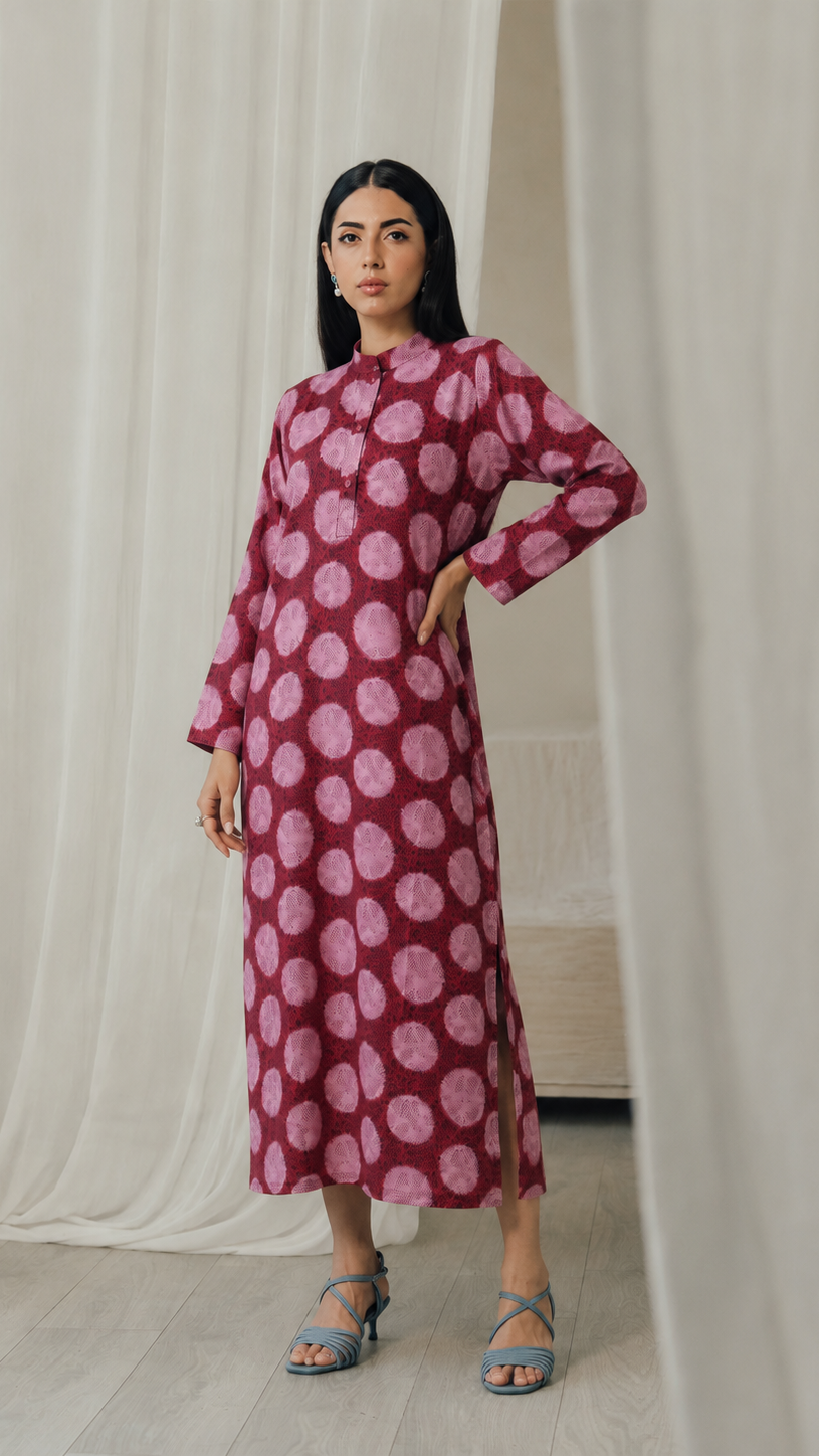 Red and pink women’s printed kurta dress with circular tie dye pattern, mandarin collar and long sleeves, modest Asian ethnic wear by Diya Online