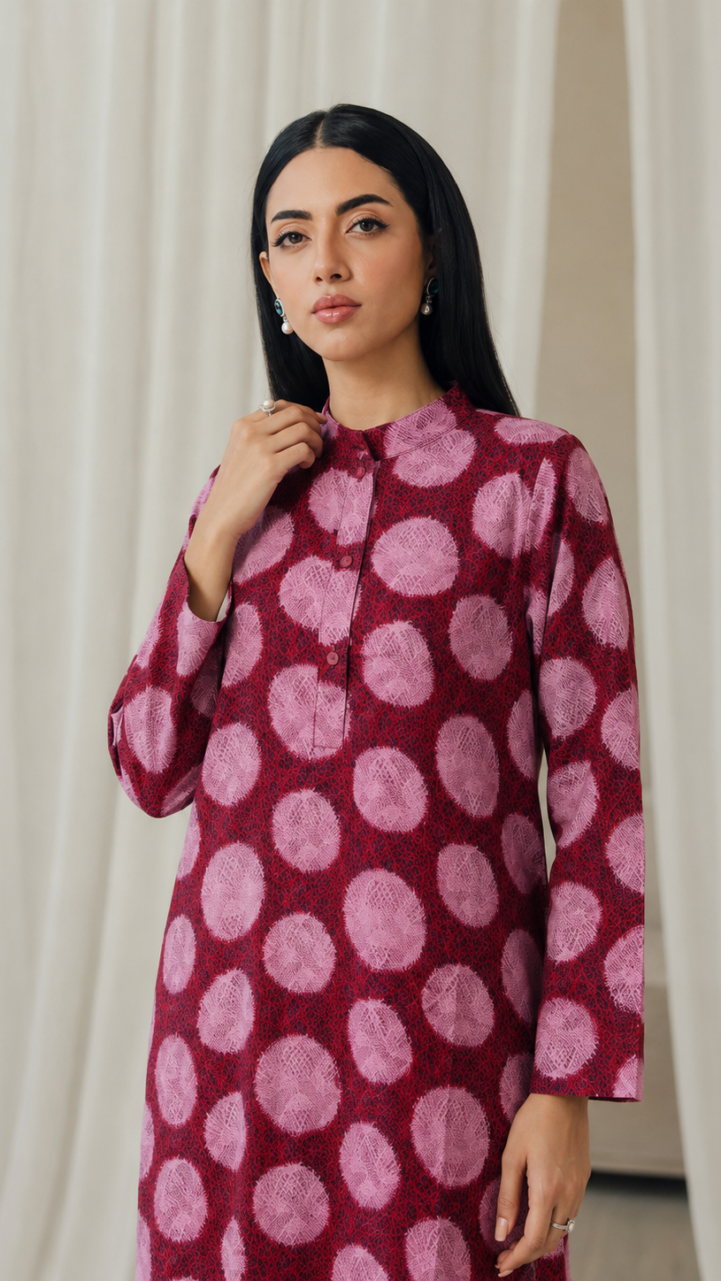 Red and pink women’s printed kurta dress with circular tie dye pattern, mandarin collar and long sleeves, modest Asian ethnic wear by Diya Online