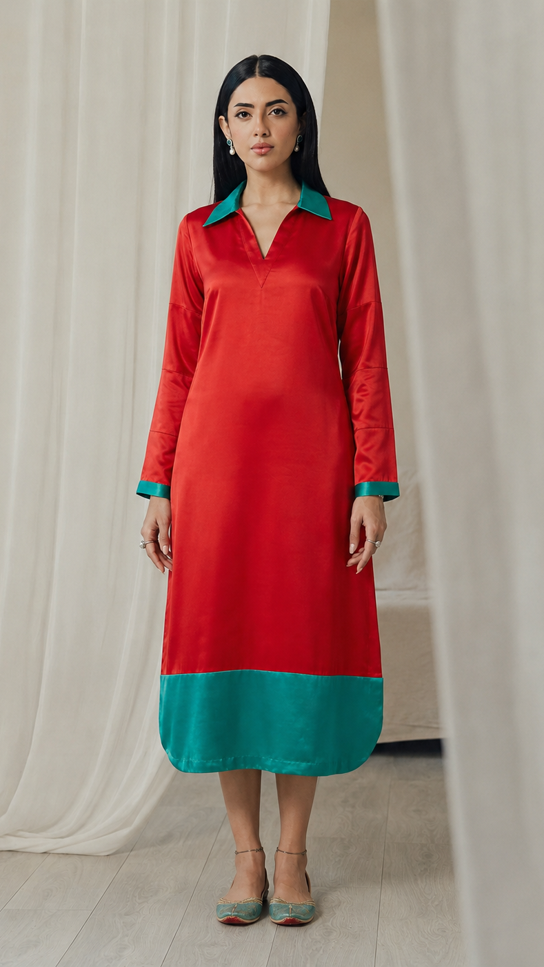 Red women’s satin kurta dress with teal green collar, cuff and hem trim, long sleeves and V-neck design, elegant Asian ethnic wear by Diya Online