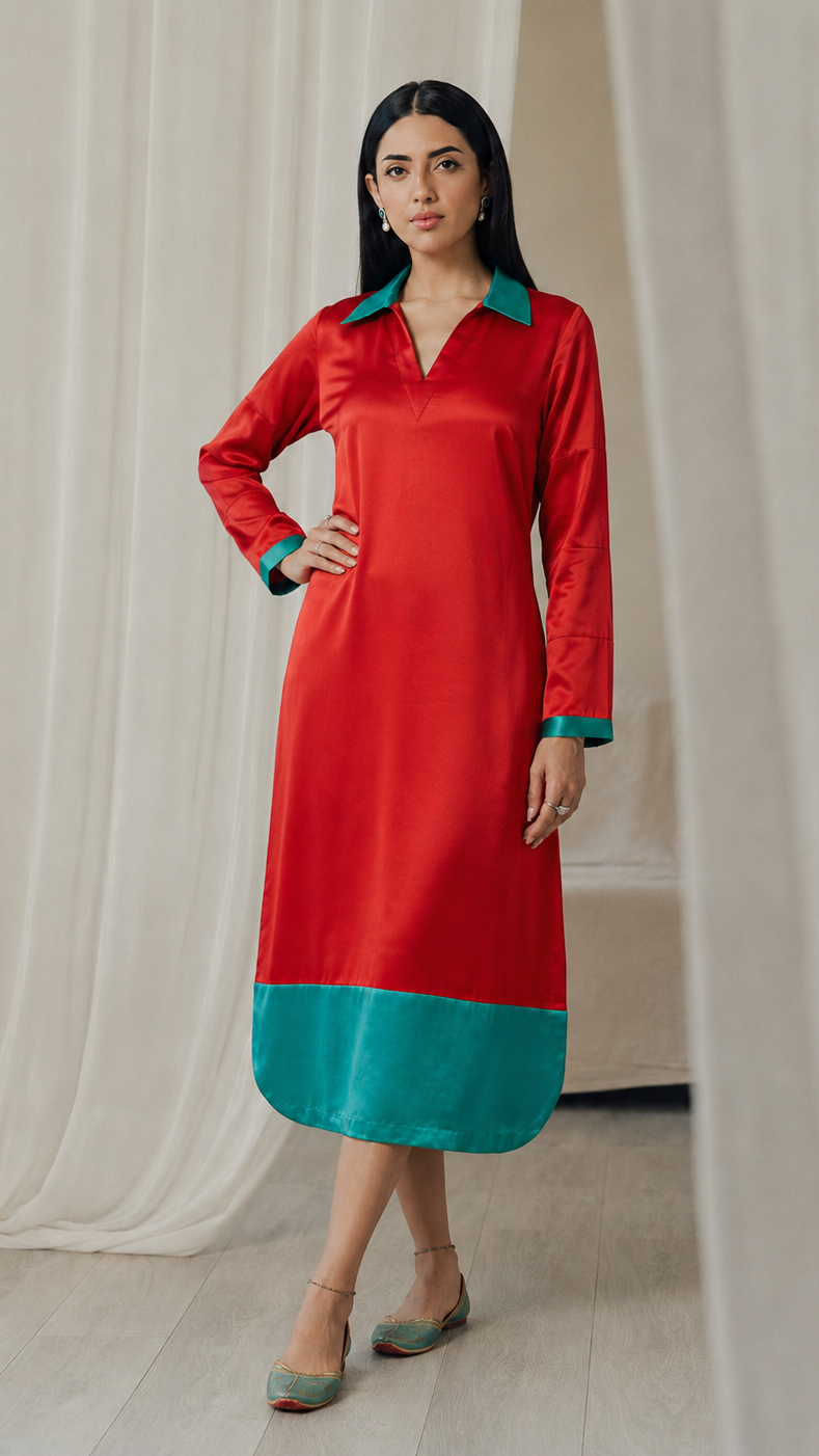 Red women’s satin kurta dress with teal green collar, cuff and hem trim, long sleeves and V-neck design, elegant Asian ethnic wear by Diya Online