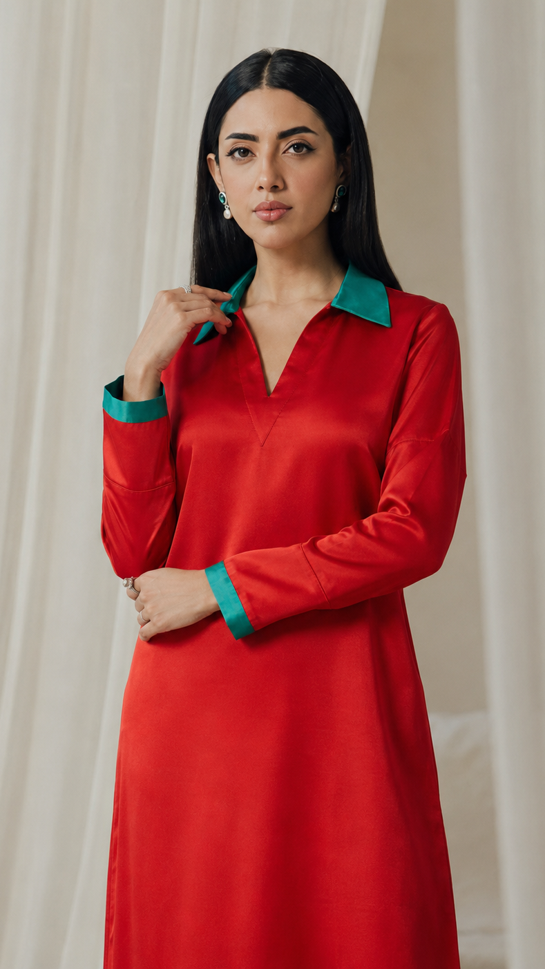Red women’s satin kurta dress with teal green collar, cuff and hem trim, long sleeves and V-neck design, elegant Asian ethnic wear by Diya Online