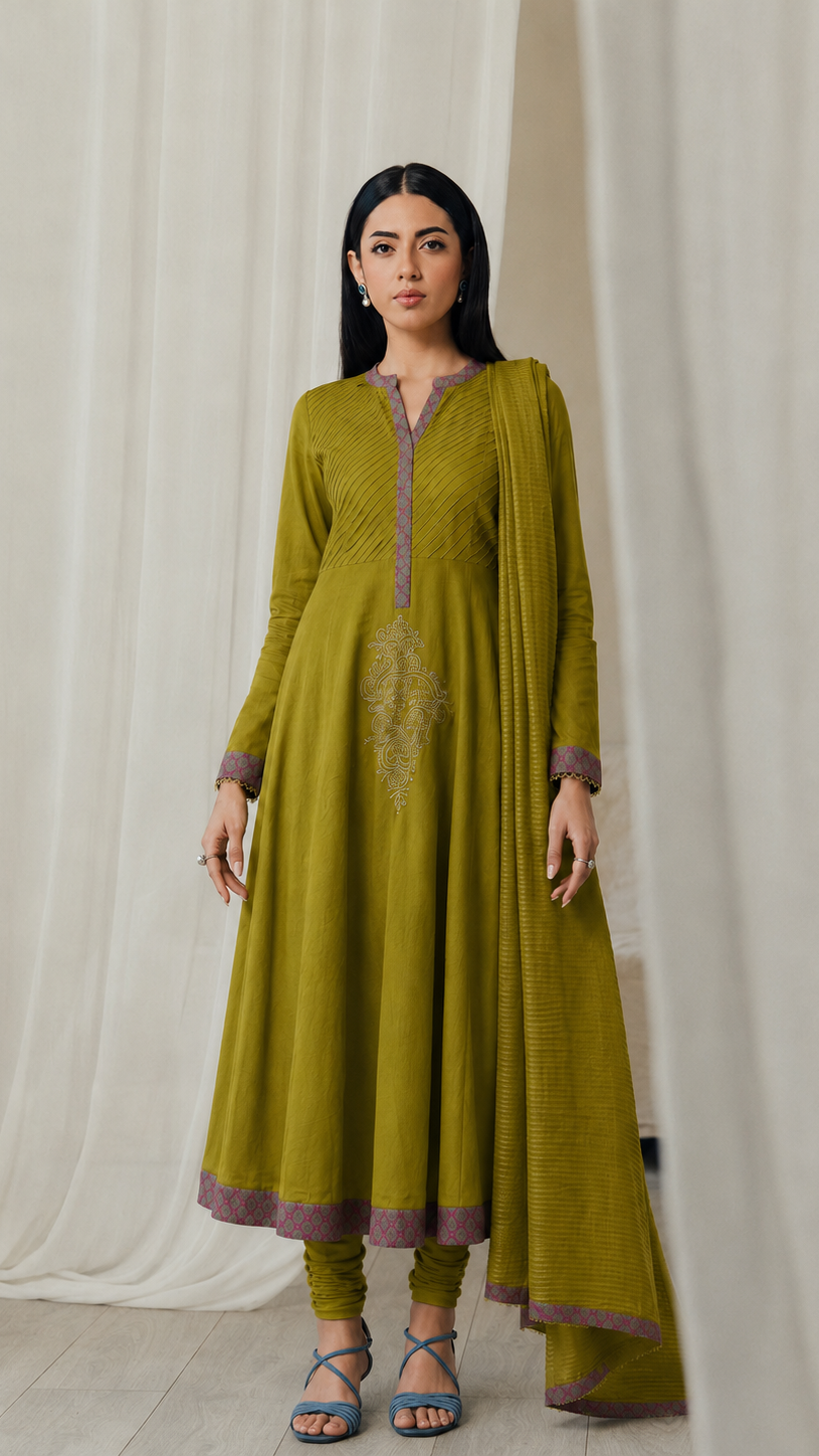 Olive green women’s embroidered Anarkali salwar kameez suit with matching trousers and dupatta, elegant Asian ethnic wear by Diya Online