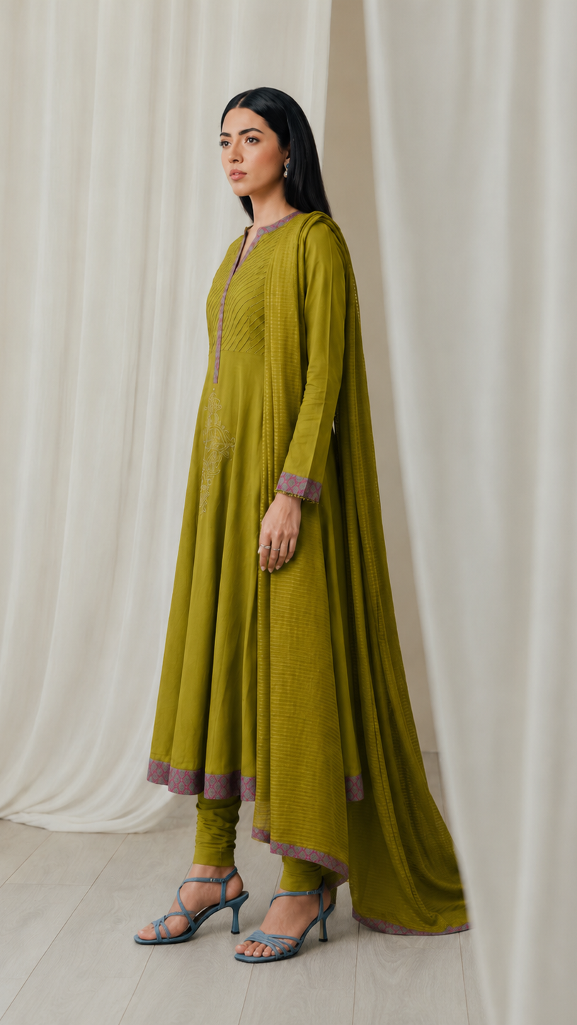 Olive green women’s embroidered Anarkali salwar kameez suit with matching trousers and dupatta, elegant Asian ethnic wear by Diya Online