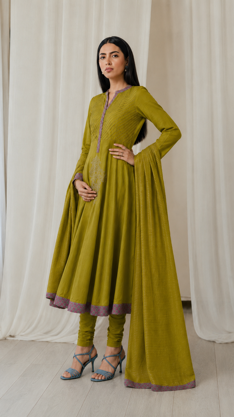 Olive green women’s embroidered Anarkali salwar kameez suit with matching trousers and dupatta, elegant Asian ethnic wear by Diya Online