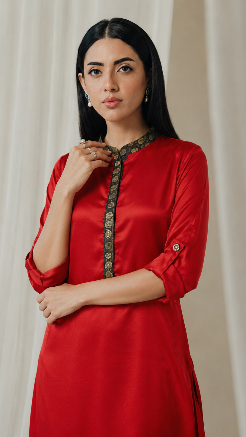 Red women’s satin kurta dress with black embroidered mandarin collar, gold placket detail and roll-up sleeves, elegant Asian ethnic wear by Diya Online