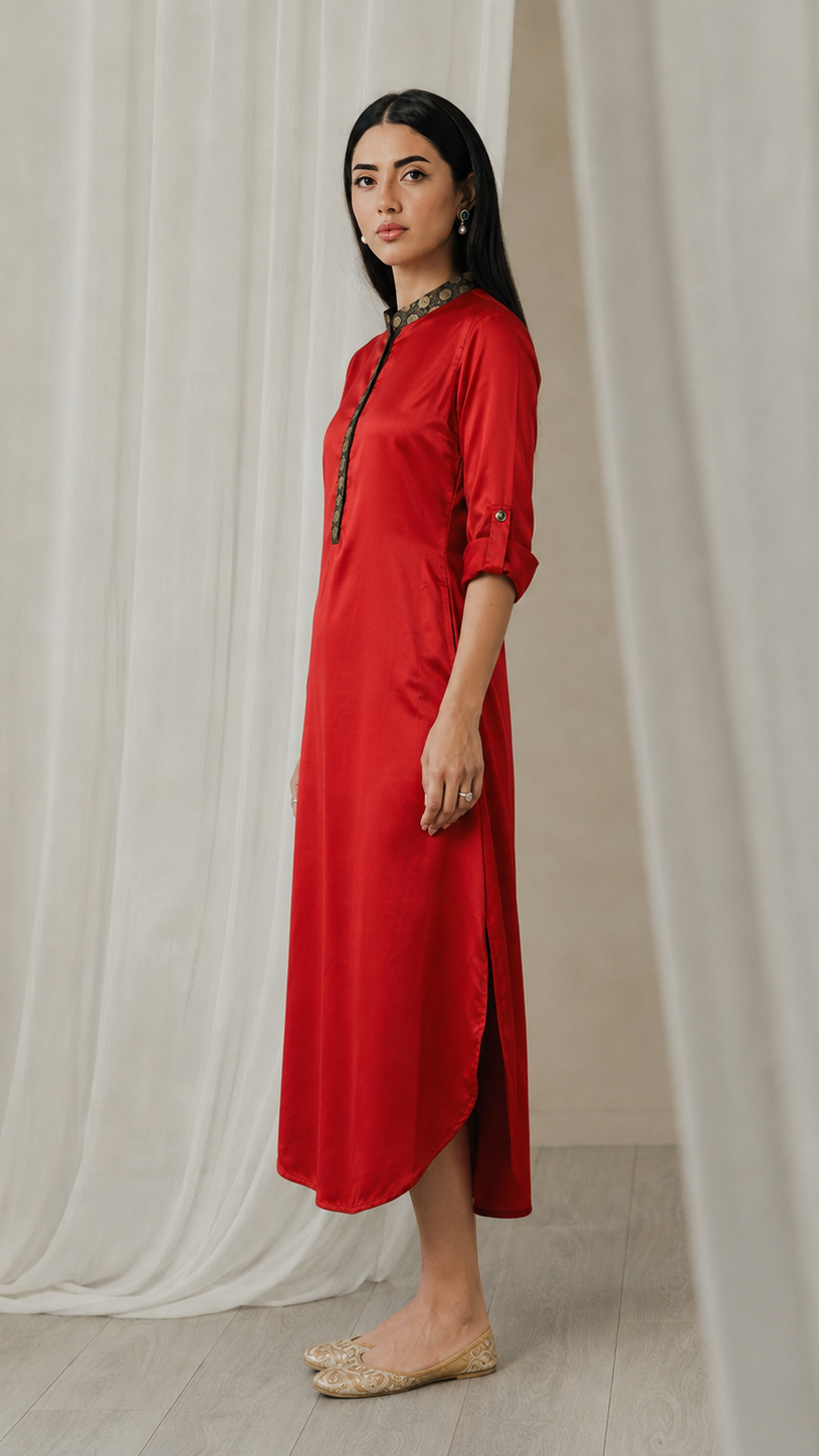 Red women’s satin kurta dress with black embroidered mandarin collar, gold placket detail and roll-up sleeves, elegant Asian ethnic wear by Diya Online