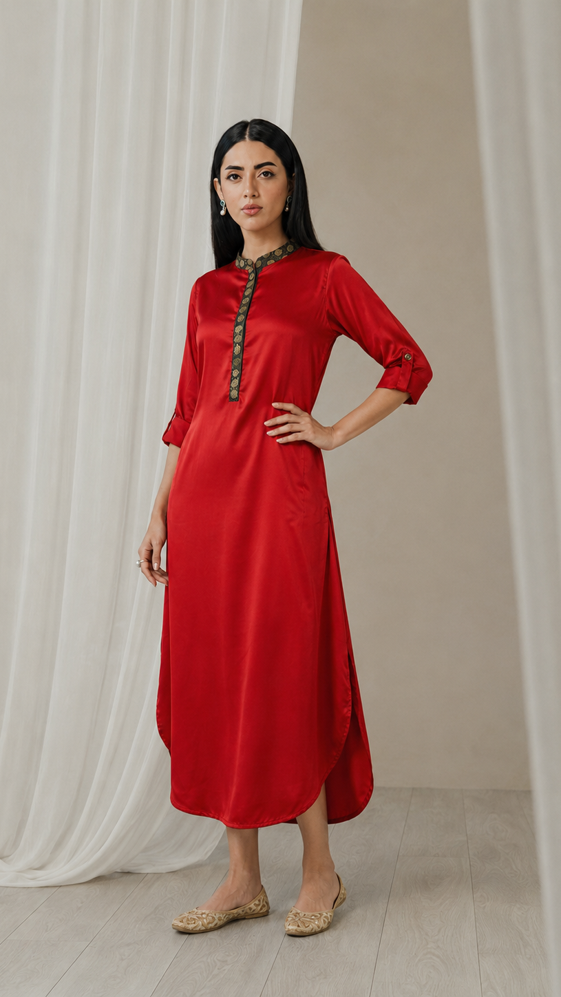 Red women’s satin kurta dress with black embroidered mandarin collar, gold placket detail and roll-up sleeves, elegant Asian ethnic wear by Diya Online