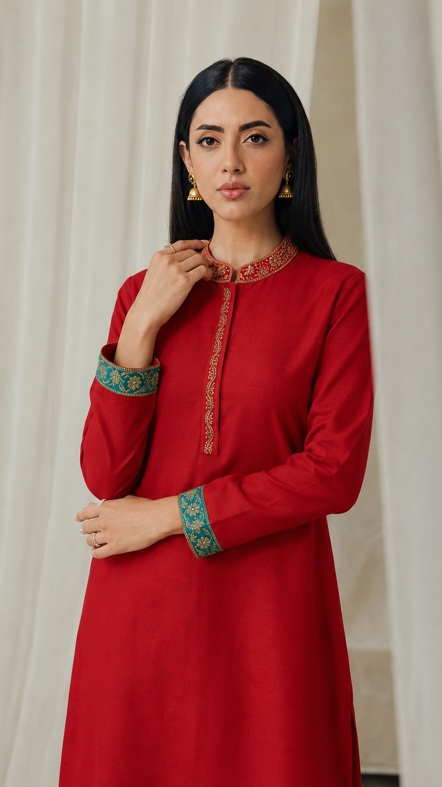 Red women’s kurta dress with embroidered mandarin collar, gold placket detail and teal cuff trim, modest Asian ethnic wear by Diya Online