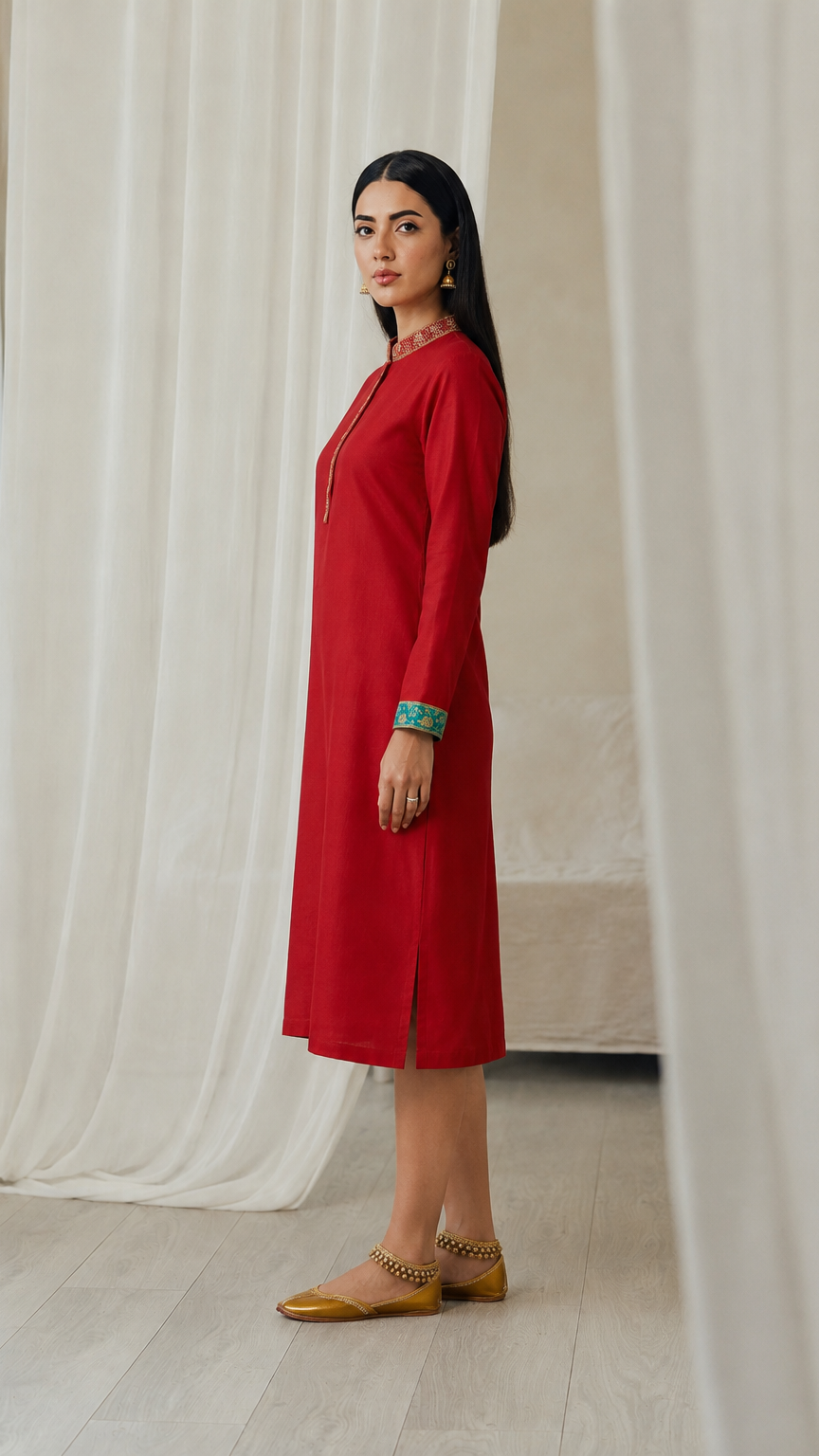 Red women’s kurta dress with embroidered mandarin collar, gold placket detail and teal cuff trim, modest Asian ethnic wear by Diya Online
