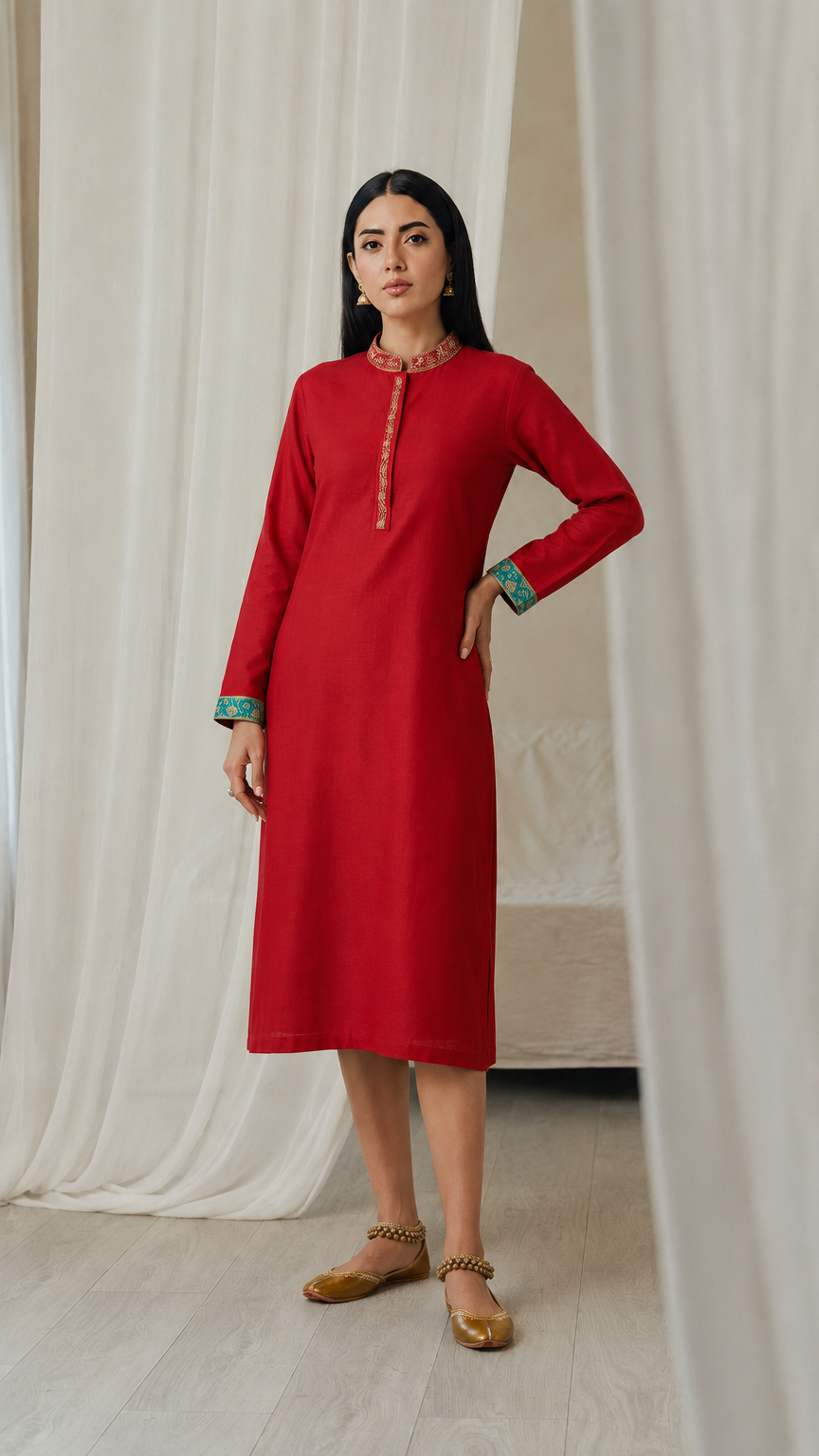 Red women’s kurta dress with embroidered mandarin collar, gold placket detail and teal cuff trim, modest Asian ethnic wear by Diya Online