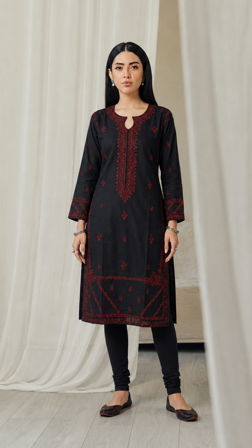 Black women’s embroidered kurta with red threadwork, keyhole neckline, long sleeves and matching black churidar leggings, modest Asian ethnic wear by Diya Online