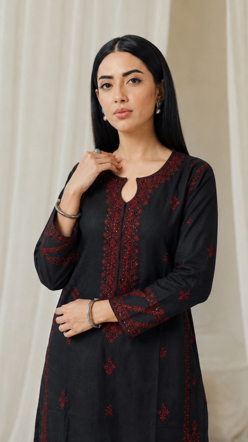 Black women’s embroidered kurta with red threadwork, keyhole neckline, long sleeves and matching black churidar leggings, modest Asian ethnic wear by Diya Online