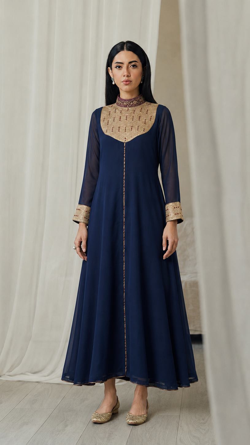 Navy blue women’s embroidered Anarkali kurta dress with sheer sleeves, gold yoke detailing and high neck collar, elegant Asian ethnic wear by Diya Online