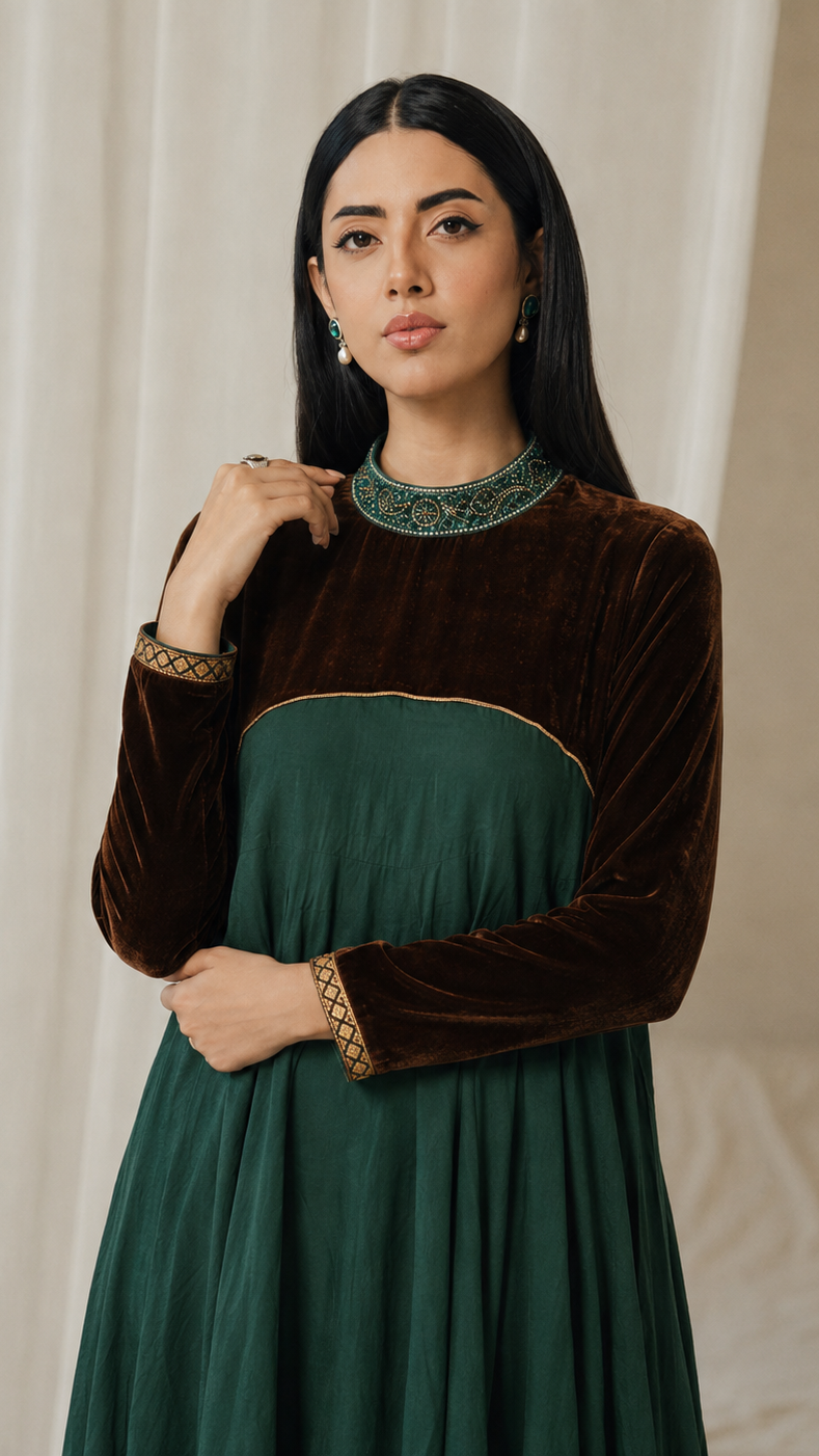 Dark green women’s Anarkali kurta dress with brown velvet yoke, embroidered high neck and gold border, modest Asian ethnic wear by Diya Online